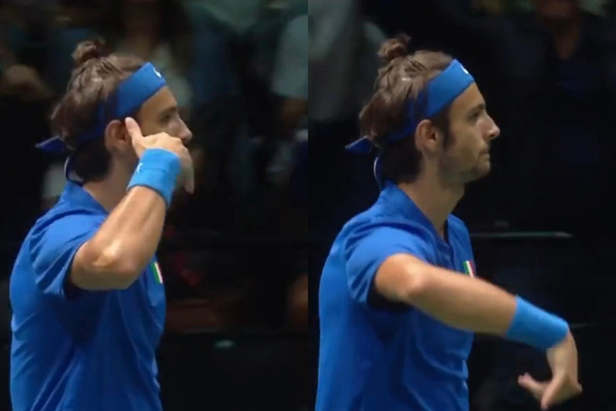 Le joueur de tennis italien Lorenzo Musetti imite la célébration