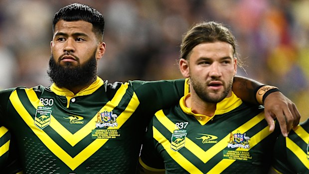 De gauche à droite: Cameron Munster, Payne Haas et Patrick Carrigan des Kangourous australiens.