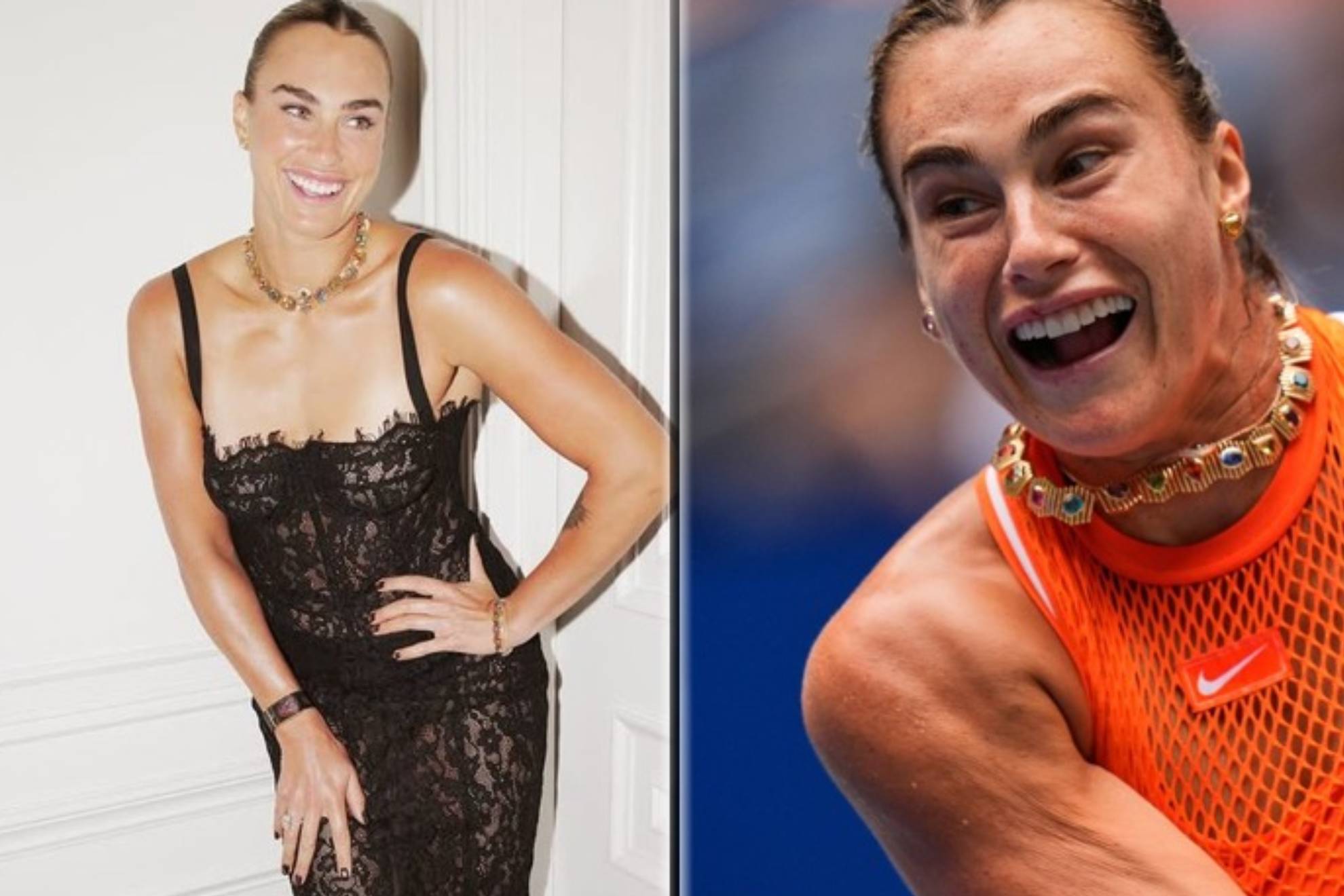 Aryna Sabalenka s'est présentée sur le terrain à l'US Open avec des bijoux spectaculaires (un ensemble collier, bracelet et boucles d'oreilles de chez Material Good Jewelry) de plus de 127 carats, évalués à plus de 344 000 euros.